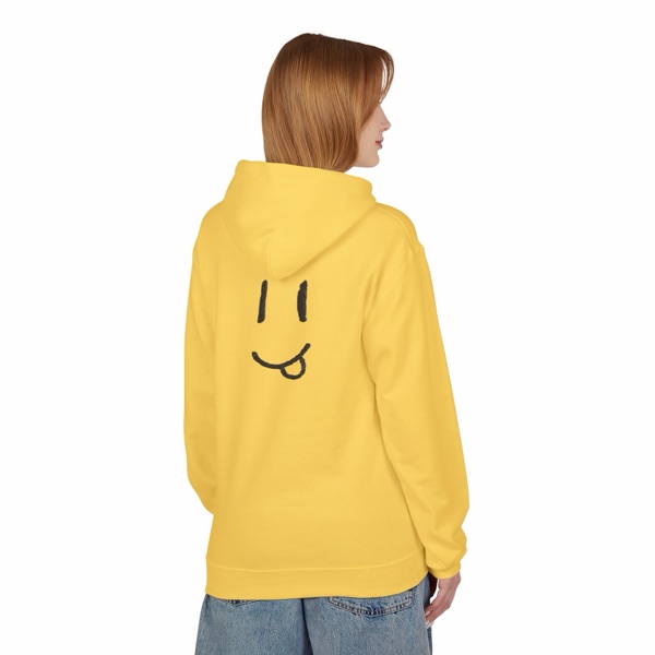 The Silly Smile Face hoodie — yellow hoodie with the hand-drawn face on the back